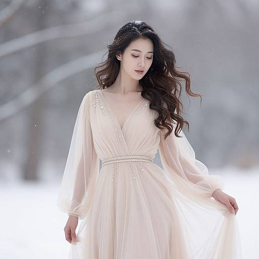 Photograph of a fair-skinned woman with long, wavy dark hair, wearing a flowing, pale pink, V-neck dress, standing in a