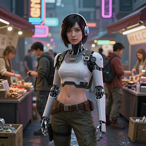 Digital artwork: Cybernetic woman with black bob, white crop top, green pants, headphones, standing in neon-lit, busy market stall area