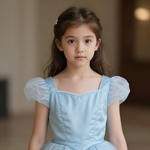Photograph of a young Asian girl with long brown hair, wearing a light blue, puffed-sleeve dress with white lace trim, standing indoors