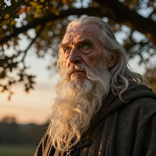 Photograph of an elderly, white-bearded man with piercing green eyes, illuminated by sunset light, wearing a dark, textured cloak, against a blurred