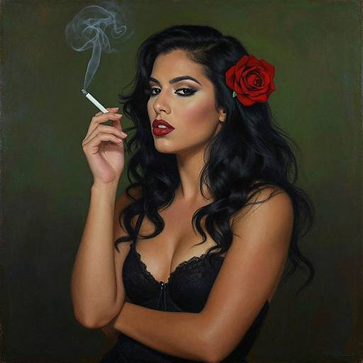 Photograph of a sultry woman with long black hair, red rose in hair, dark lipstick, black lace top, smoking cigarette, dark green background