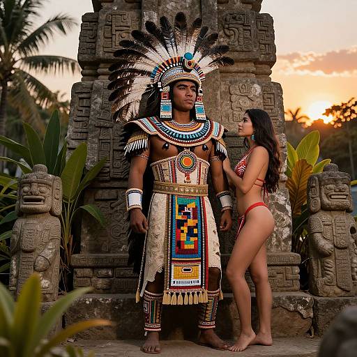 Photograph of a muscular Native American man in colorful ceremonial headdress and traditional Aztec-style armor, standing beside a slim woman in red bikini, in
