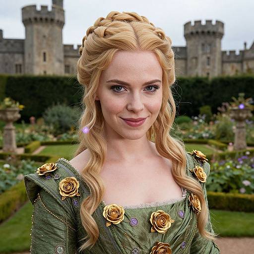 Photograph of a blonde woman with braided hair, green dress with gold rose embellishments, smiling, in front of a castle garden.