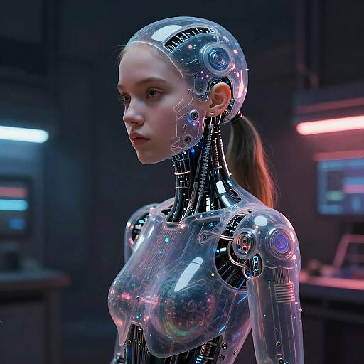 Photorealistic CGI of a futuristic, transparent, cybernetic woman with glowing blue and pink lights, in a dimly lit sci-fi lab.
