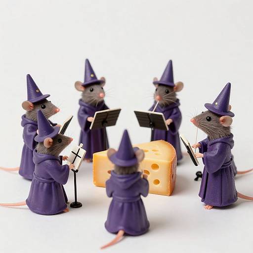 Photograph of six small, detailed mouse figurines in purple wizard hats and robes, singing around a cheese and music stand, white background.