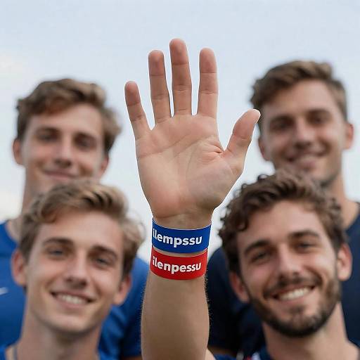 Diverse Men Smiling Behind Raised Hand
