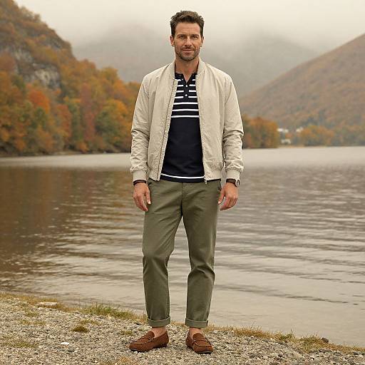 Photograph of a bearded man in a white jacket, black and white striped shirt, olive pants, and brown loafers, standing on a gravel