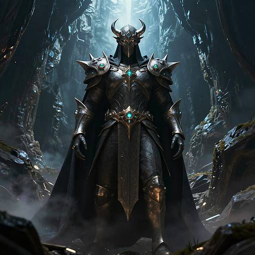 Digital art of a dark, imposing armored figure with glowing blue gem, horned helmet, and spiked shoulders standing in a misty, rocky cave illuminated