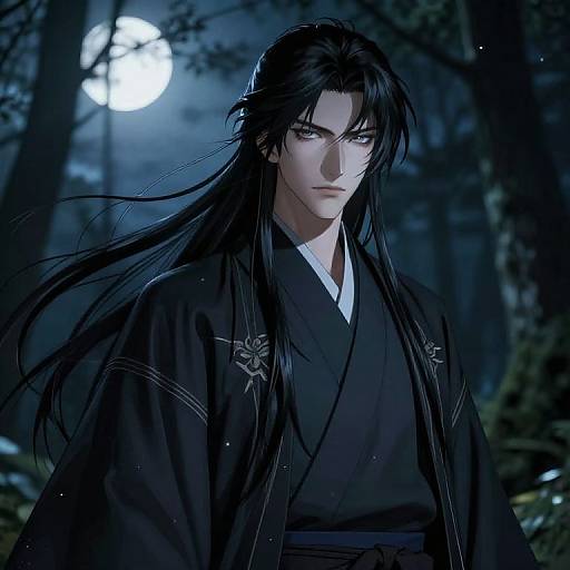 Digital anime-style illustration of a tall, serious-looking man with long black hair, wearing a black kimono, standing in a moonlit forest.