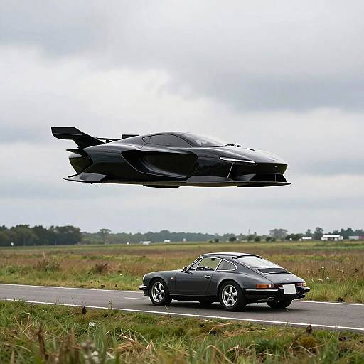 Futuristic Flying Car Over Grassy Field