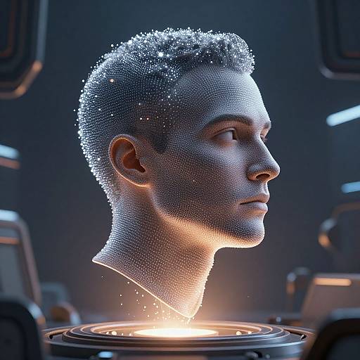 Digital CGI of a male head with sparkling, pixelated texture, illuminated by a glowing light source below, in a futuristic lab setting.