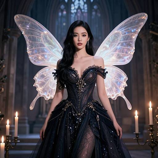 Digital artwork of a beautiful Asian woman with glowing, transparent fairy wings, wearing a black, intricate, sheer dress in a dimly lit, Gothic cathedral