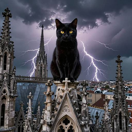 Photograph of a black cat with glowing yellow eyes sitting on a gothic cathedral rooftop during a dramatic lightning storm.
