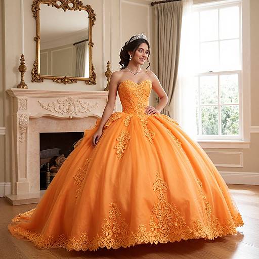 Photograph of a beautiful woman with dark hair, wearing an elaborate, vibrant orange lace ball gown and tiara, standing in a sunlit, elegant