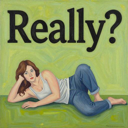 Painting of a fair-skinned woman with brown hair, wearing a white tank top and blue jeans, lying on green background with 