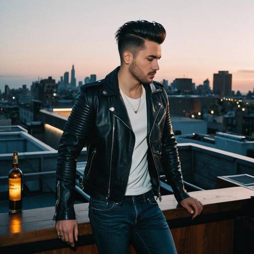 Man with Pompadour Hairstyle on Rooftop Bar at Dusk