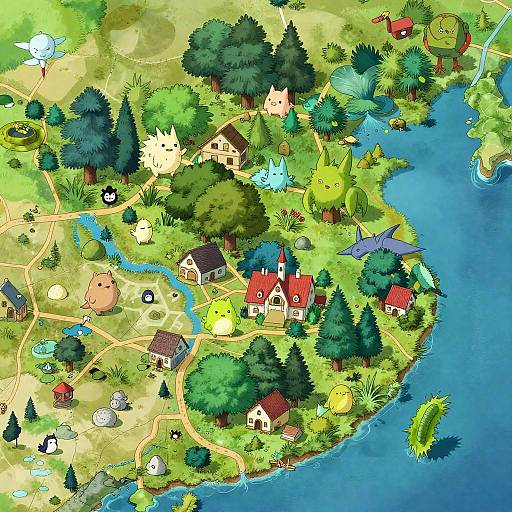 Vibrant digital map of a whimsical village with colorful houses, trees, rivers, and creatures, featuring a playful, cartoon-like style.