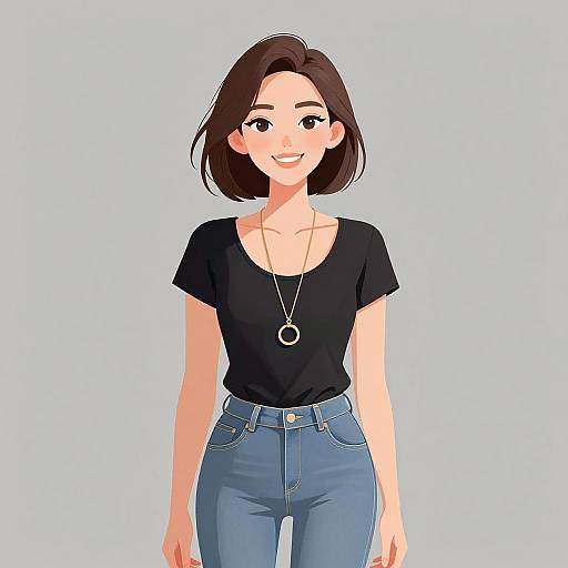 Digital anime-style illustration of a smiling woman with short brown hair, wearing a black t-shirt, blue jeans, and a long necklace against a light blue