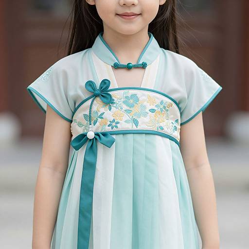 Photograph of an Asian girl with long black hair, wearing a light blue floral-patterned traditional Chinese dress with teal ribbon details.