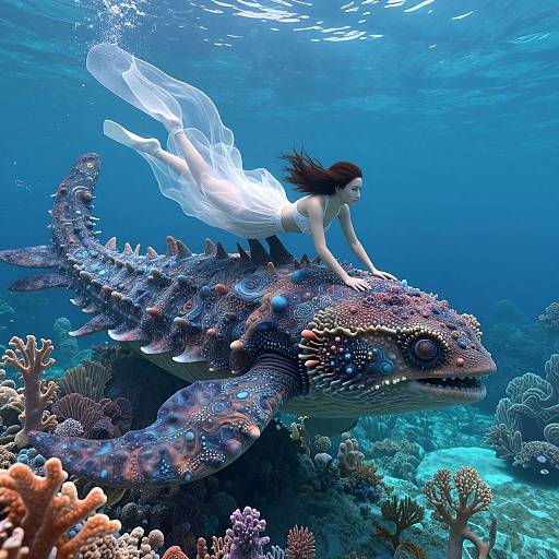 Photograph of a fair-skinned, brown-haired woman in a flowing white dress riding a colorful, spiky, underwater whale-like creature amidst vibrant coral