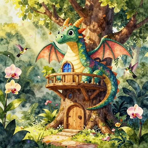 Whimsical digital drawing of a green dragon with orange wings and yellow belly, perched on a wooden treehouse, surrounded by sunlit forest,
