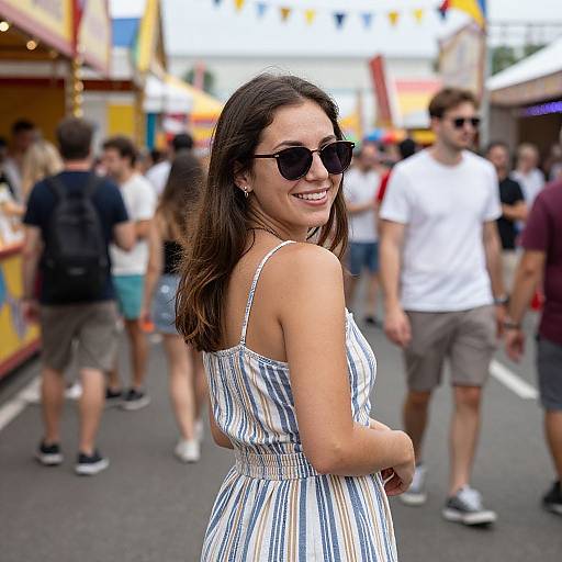 Photograph of a smiling woman with long brown hair, wearing a striped sundress and black sunglasses, standing in a busy, colorful outdoor market with people