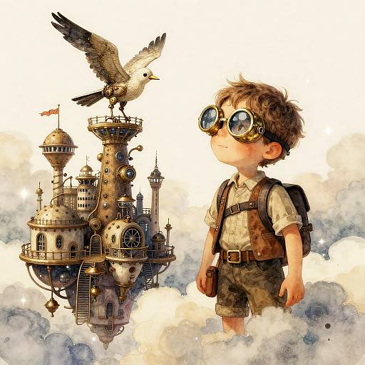 Whimsical watercolor of a young boy with goggles and brown shorts, standing before a steampunk airship with a flying seagull.