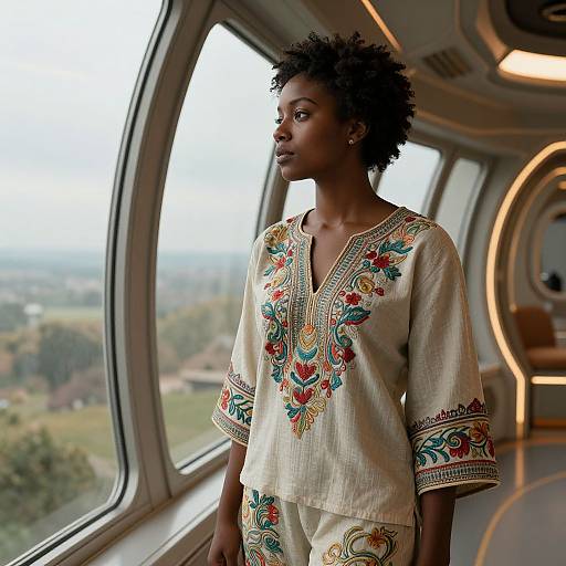Photograph of a young black woman with short, curly hair, wearing a beige, intricately embroidered tunic, standing by a curved window on a