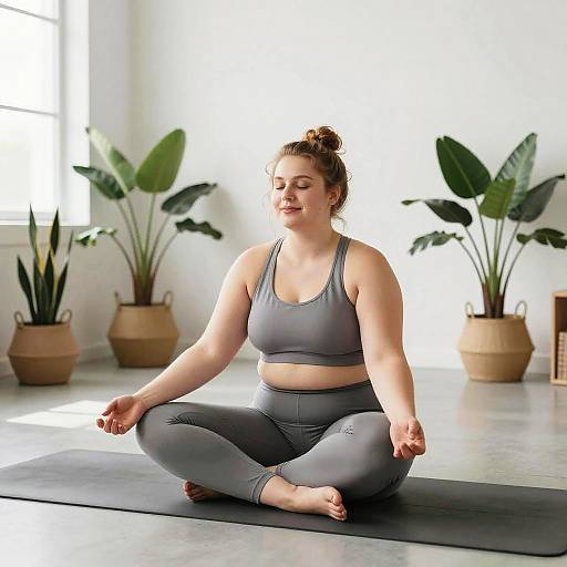 Photograph of a curvy, fair-skinned woman with brown hair in a bun, wearing gray sports bra and leggings, meditating cross-legged on
