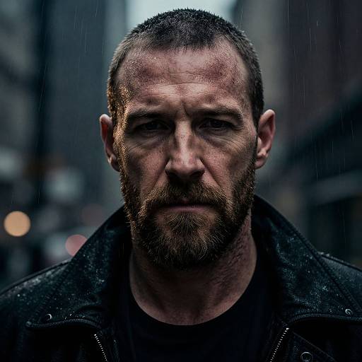 Photograph of a serious, bearded man with wet hair and raindrops on his face, wearing a black coat, in a rainy urban setting.