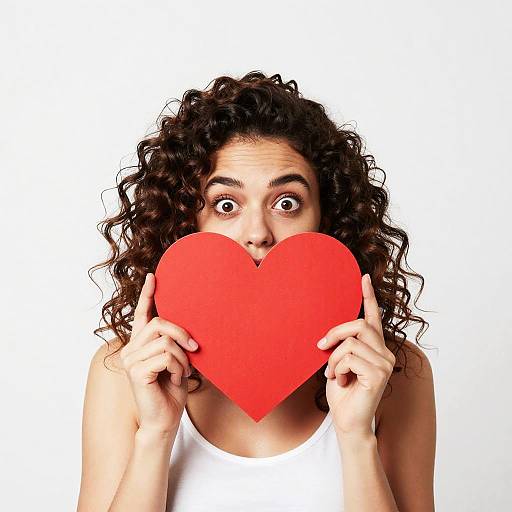 Curly Woman Holding Red Heart