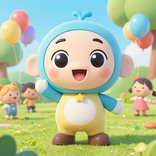 Cute CGI cartoon monkey in blue hood and yellow outfit, smiling with arms raised, in sunny park with colorful balloons and children.