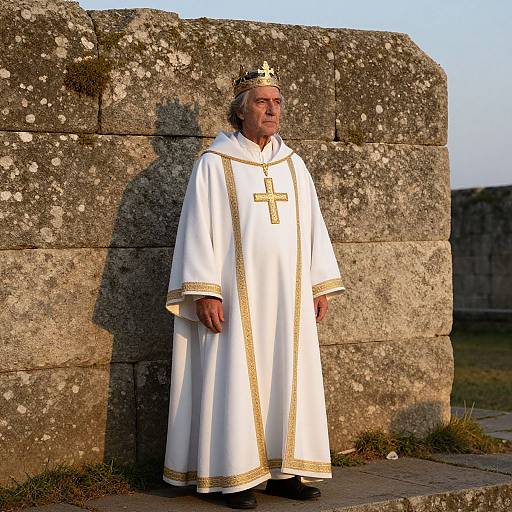 Man in White and Gold Robe with Crown by Ancient Stone Wall