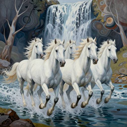 Digital painting of four white horses galloping through water near a cascading waterfall, surrounded by swirling, abstract trees and rocks.