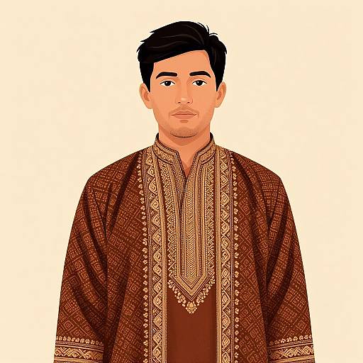 Digital illustration of a young man with short black hair, wearing a detailed brown traditional shawl over a patterned shirt.