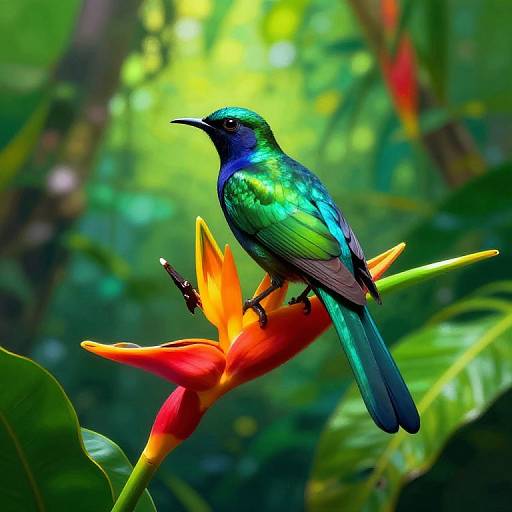 Vibrant photograph of a blue and green hummingbird perched on a red and yellow heliconia flower in a lush, green jungle.