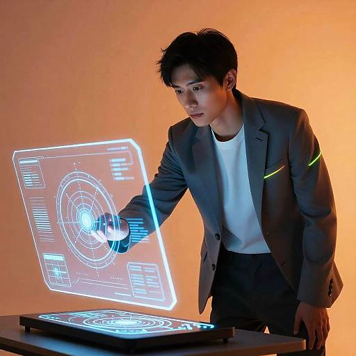 Asian man in gray suit, white shirt, interacting with glowing, holographic laptop interface against orange background, focusing intently. Photographic image.