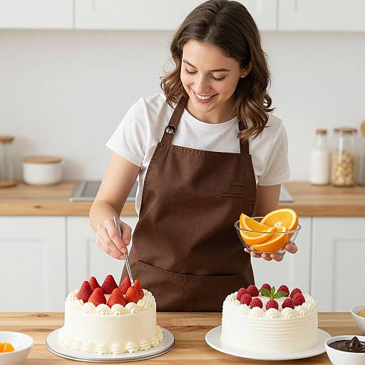Photograph of a smiling woman with dark brown hair, wearing a white shirt and brown apron, decorating white cakes with strawberries and holding orange slices in