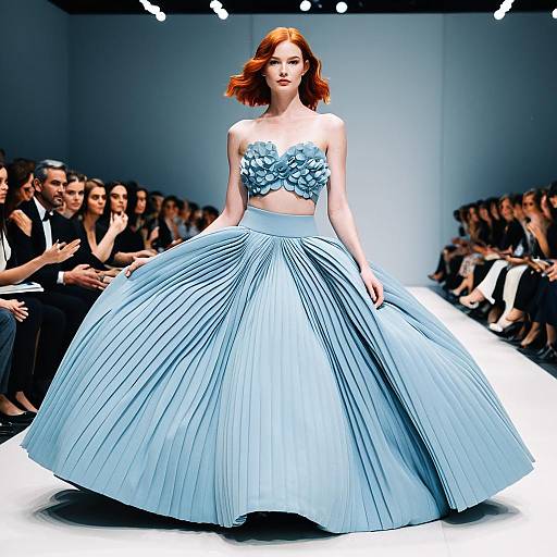 Redheaded Model in Powder Blue Couture Gown on Runway