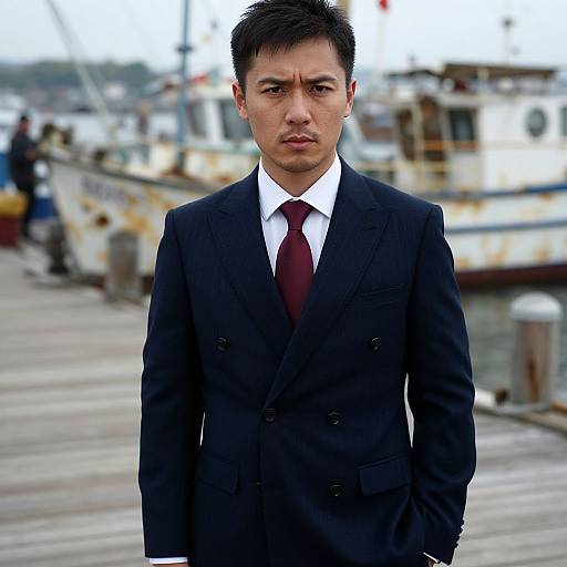 Photograph of a serious-looking Asian man in a dark double-breasted suit, white shirt, and maroon tie, standing on a wooden pier with