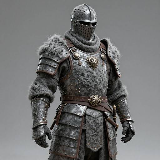 Digital artwork of a medieval knight in full, dark, metallic armor with fur trim, a steel helmet, and chainmail, standing against a gray gradient