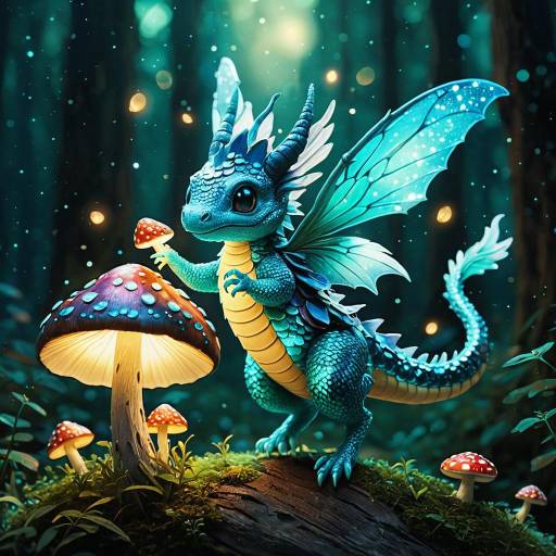 Cute Tiny Fairy Dragon with Glowing Mushrooms