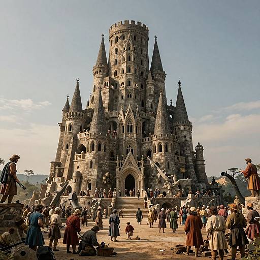 Photograph of a grand, medieval-style stone castle with multiple spires, surrounded by a bustling crowd in Victorian-era clothing. Bright daylight, clear blue