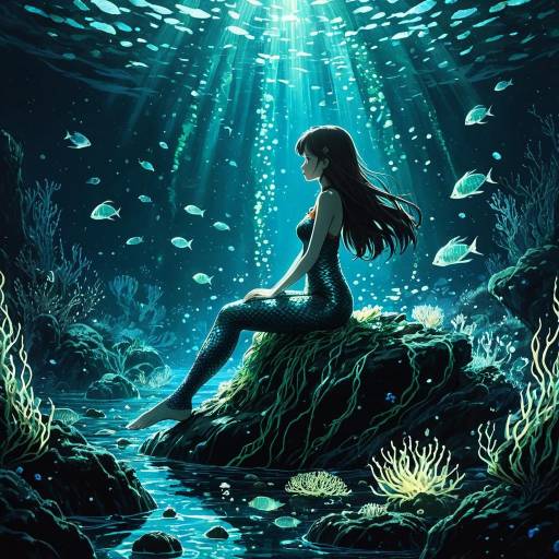 Mermaid Sitting on Rock with Bioluminescent Sea Life