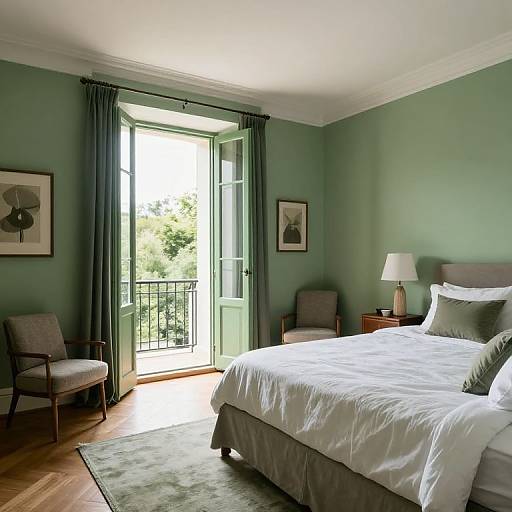 Cozy Green Master Bedroom with Balcony