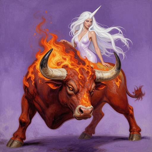 Digital fantasy art of a white-haired, horned woman in a white dress riding a fiery, red minotaur with large horns against a purple background