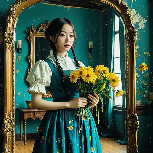 Anime Style Woman Holding Yellow Flowers in Front of Mirror