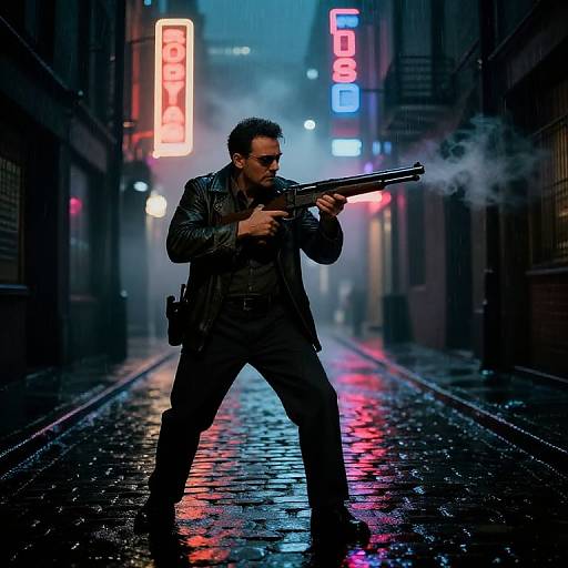 Photographic-style CGI of a dark-haired man in a black leather jacket, holding a smoking gun, standing on a wet, neon-lit alley at