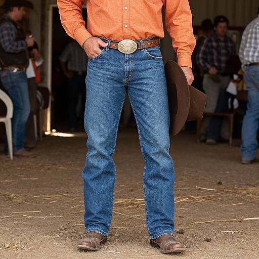 Photograph of a man in an orange shirt, blue jeans, brown belt with silver buckle, brown boots, holding a brown jacket, standing outdoors in