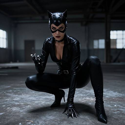 Photorealistic CGI of a crouching Catwoman in black latex suit, mask, gloves, and boots, in a dimly lit, industrial